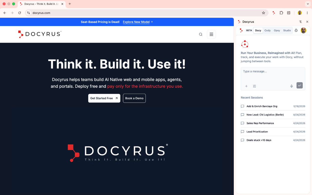 Docyrus Chrome Extension open beside the Docyrus website in Chrome